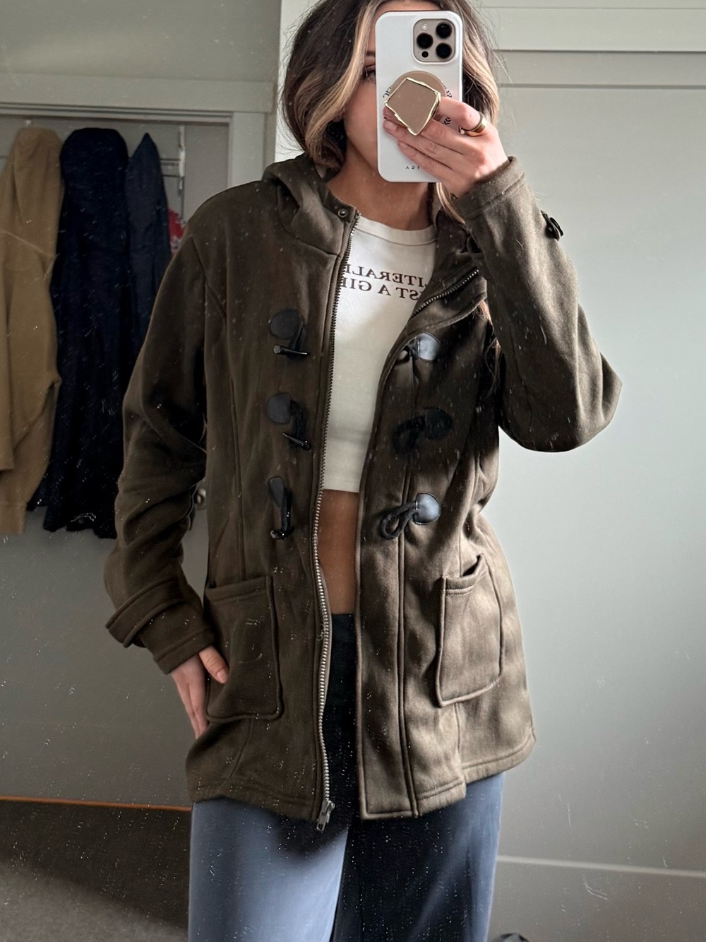 Olive Green Toggle Hooded Jacket Coat Sherpa Lined XL